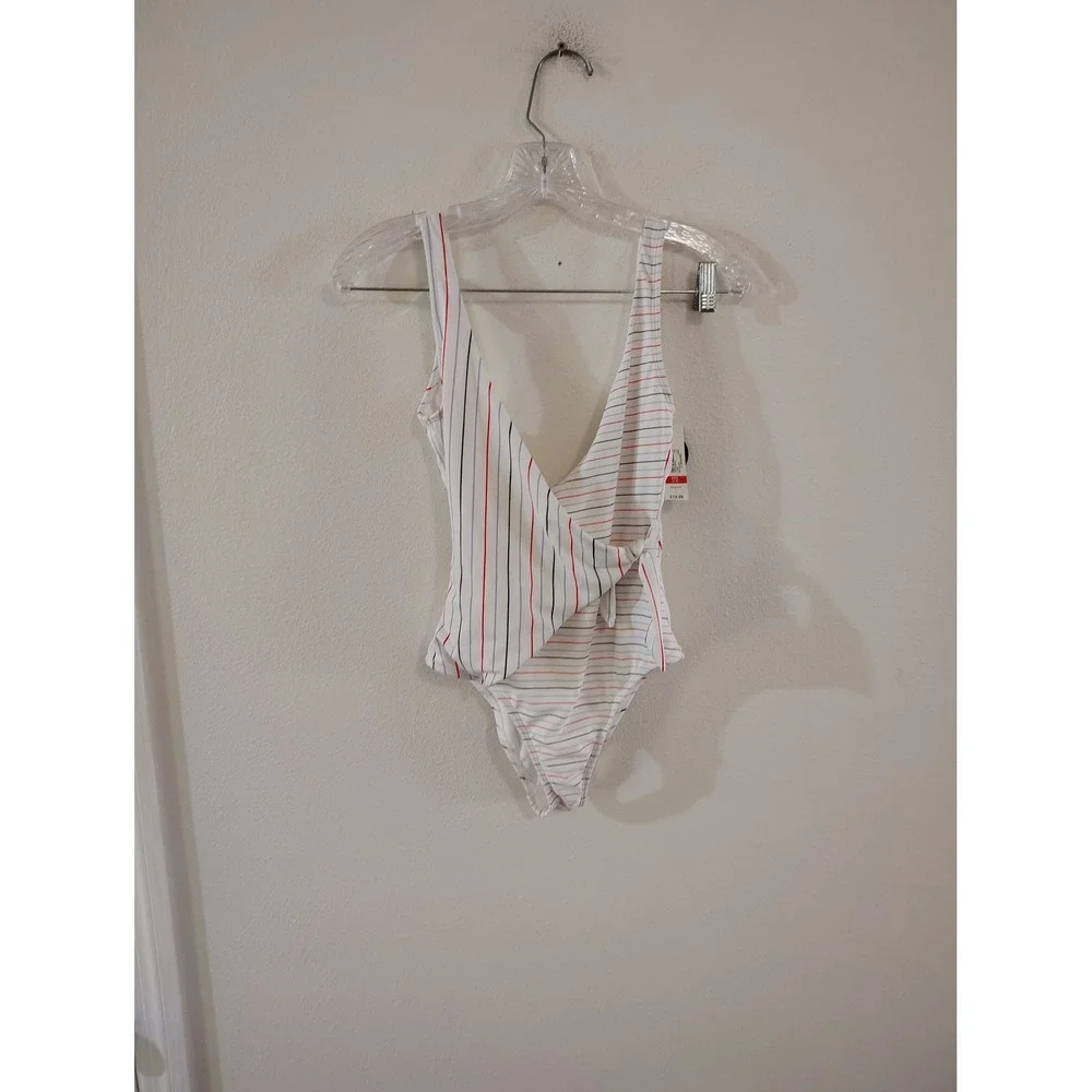 No Boundaries Womens Striped Wrap One Piece Swimsuit White Red Blue Small NWT